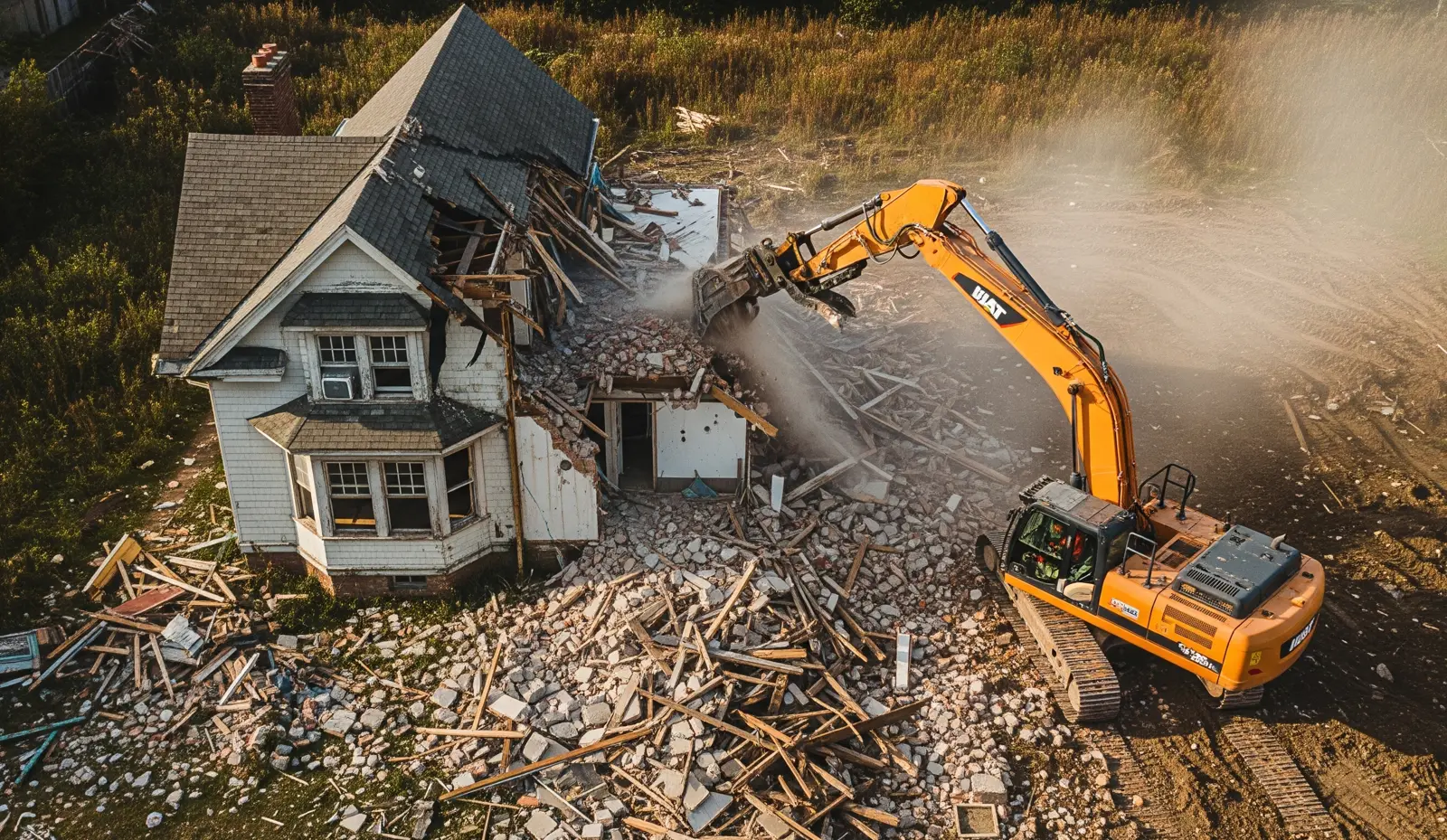 Demolition work in progress with an excavator