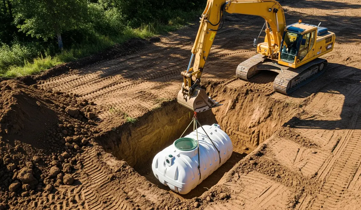 Excavator lowering a new septic tank into an excavated hole