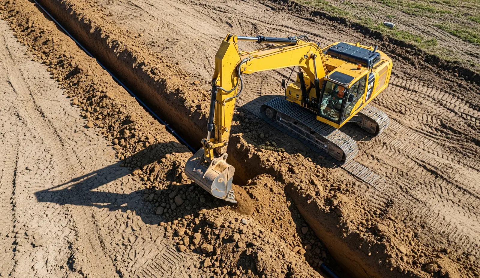Excavator digging a narrow utility trench across a yard